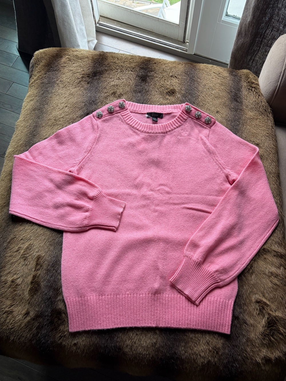 J. Crew Pink Rhinestone Button-Shoulder Sweater NWT